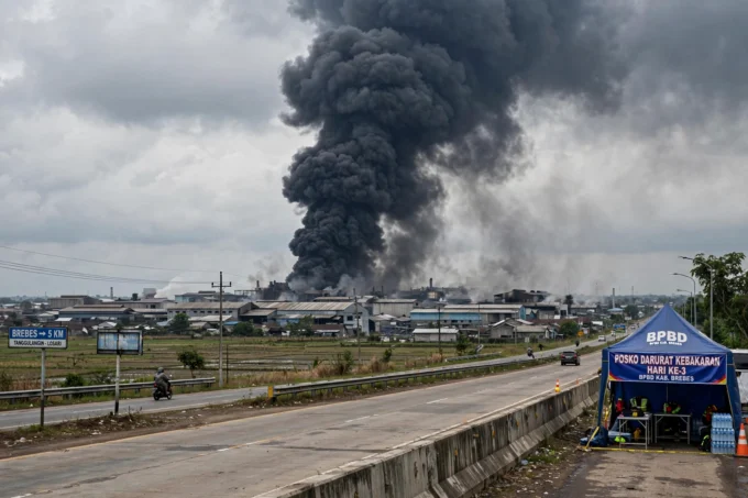 ap tebal kebakaran gudang limbah di Brebes yang memasuki hari ketiga