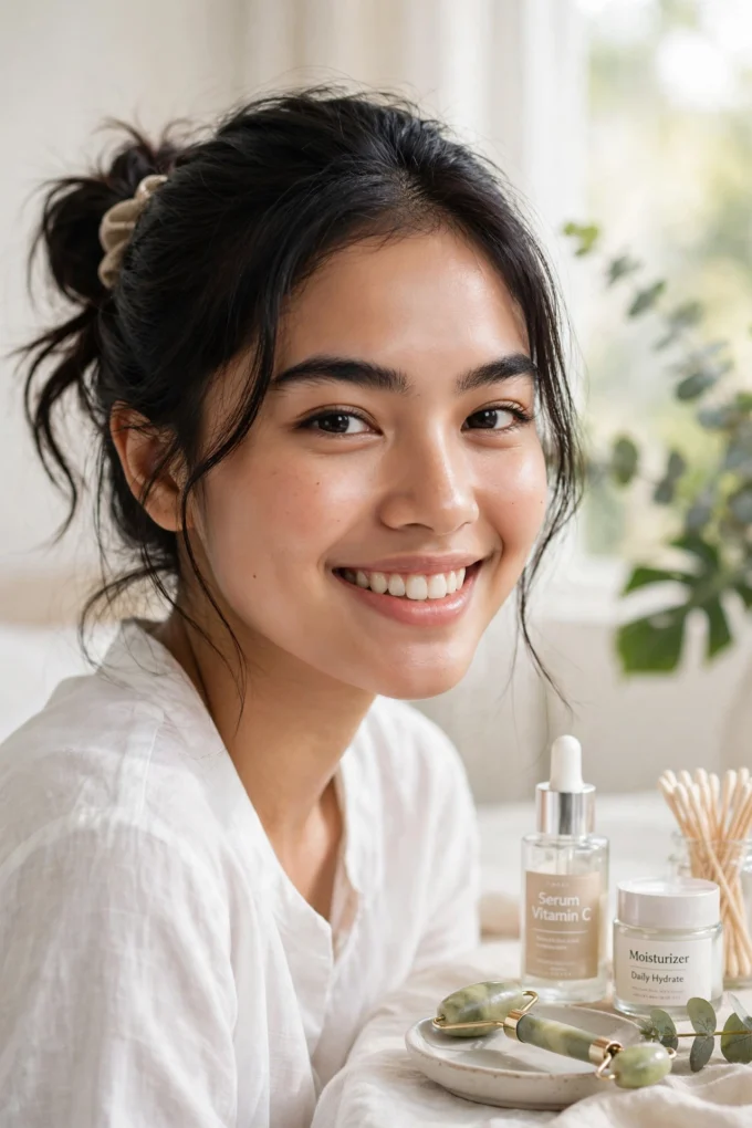 Wanita Indonesia dengan kulit fresh glowing tersenyum percaya diri dengan produk skincare vitamin C dan moisturizer