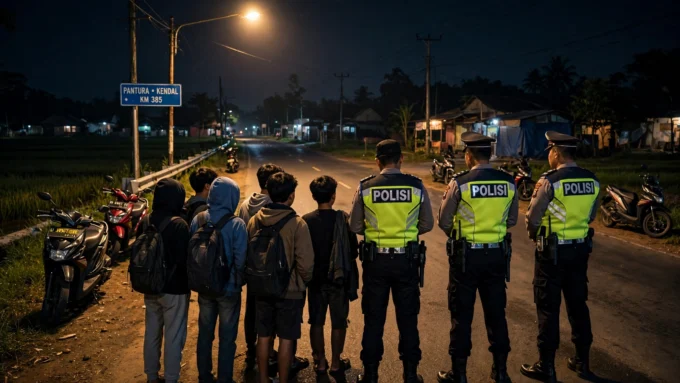 Suasana Jalan Pantura Tlahab Kendal malam hari dengan patroli polisi