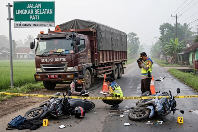 Kecelakaan maut di Jalan Lingkar Selatan Pati Desa Ngawen Margorejo, pemotor tewas terlindas truk tronton setelah senggolan motor