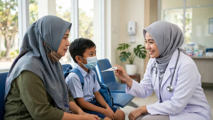 Ibu mendampingi anak SD yang memakai masker diperiksa dokter di Puskesmas Pantura karena gejala super flu influenza A