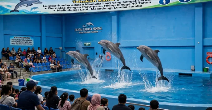 Pertunjukan lumba-lumba di Pantai Cahaya Kendal dengan mini zoo dan wahana anak