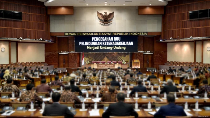 Suasana pengesahan RUU Pelindungan Ketenagakerjaan menjadi Undang-Undang di Ruang Rapat Paripurna DPR RI Senayan