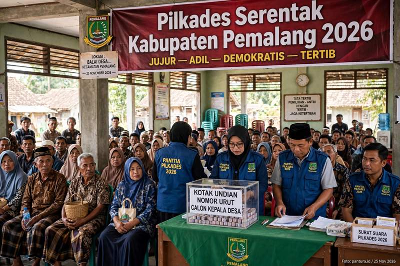 Suasana pengundian nomor urut calon kepala desa pada tahapan Pilkades Serentak Kabupaten Pemalang 2026 di balai desa